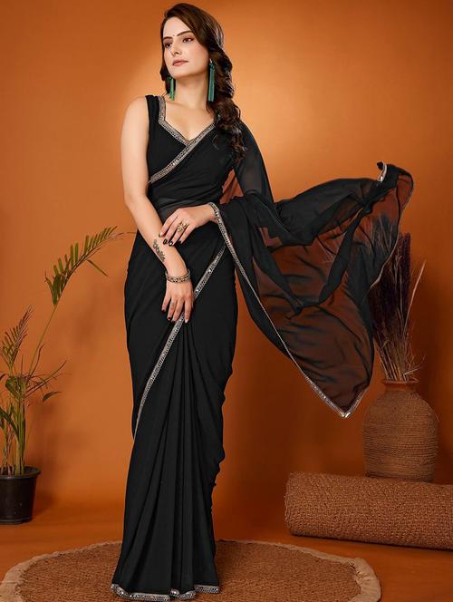 women black solid lace work saree - 21694115 - Very Small Image - 1