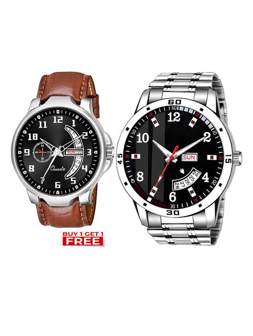 day n date men stylish analog latest watches combo - set of 2 - brn-1-and-slv-7 - 21694365 - Very Small Image - 1
