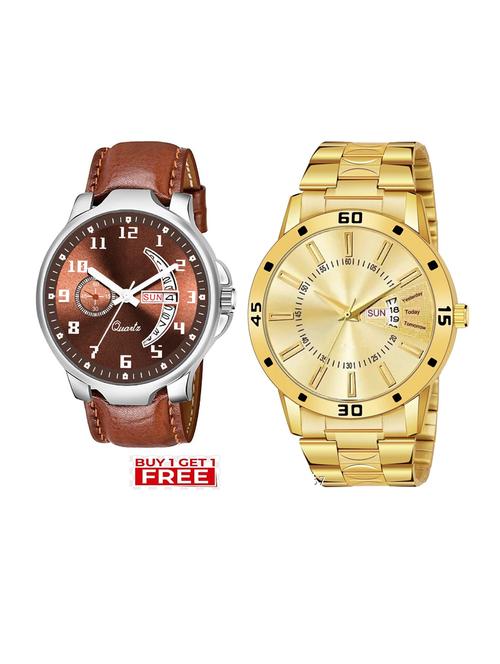day n date men stylish analog latest watches combo - set of 2 - brn-18-and-gold-20 - 21694370 - Very Small Image - 1