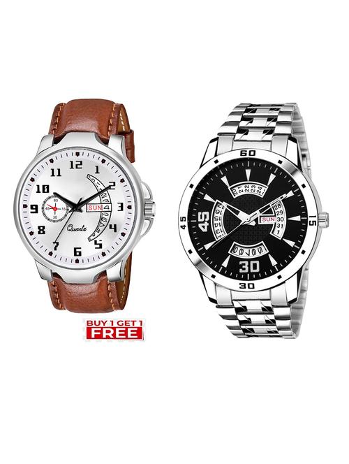 day n date men stylish analog latest watches combo - set of 2 - brn-19-and-slv-21 - 21694383 - Very Small Image - 1