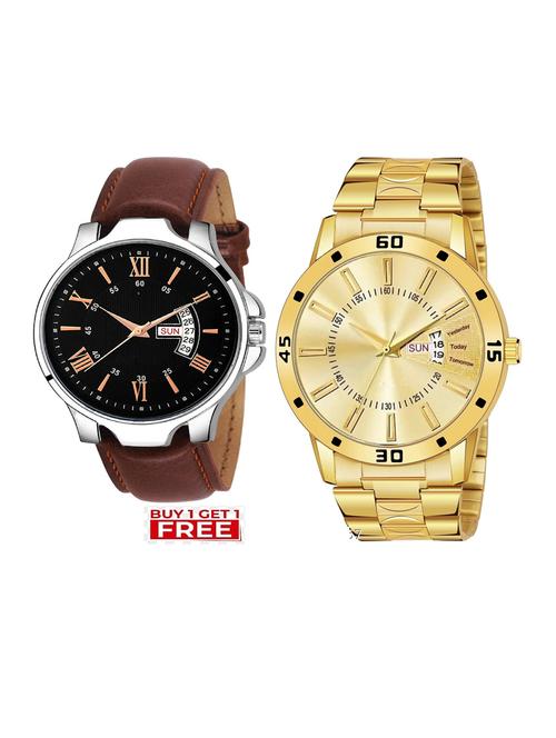 day n date men stylish analog latest watches combo - set of 2 - brn-24-and-gold-20 - 21694403 - Very Small Image - 1