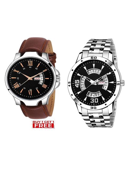day n date men stylish analog latest watches combo - set of 2 - brn-24-and-slv-21 - 21694407 - Very Small Image - 1