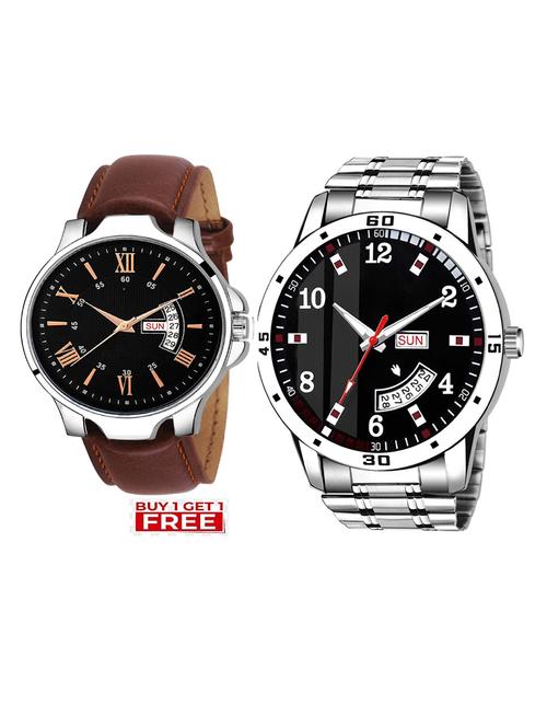 day n date men stylish analog latest watches combo - set of 2 - brn-24-and-slv-7 - 21694408 - Very Small Image - 1