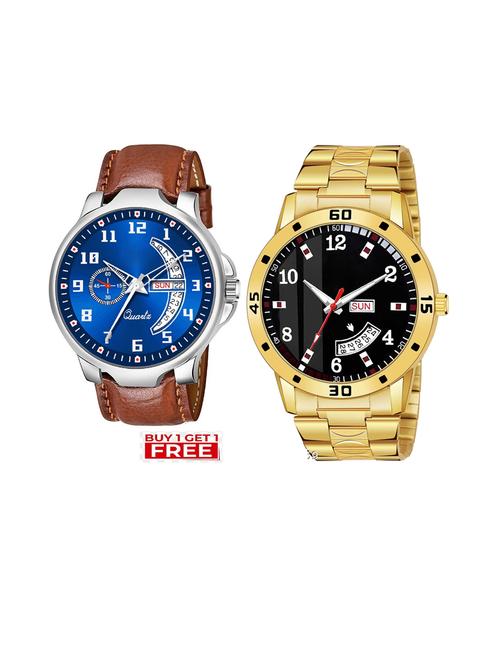 day n date men stylish analog latest watches combo - set of 2 - brn-4-and-gold-7 - 21694412 - Very Small Image - 1