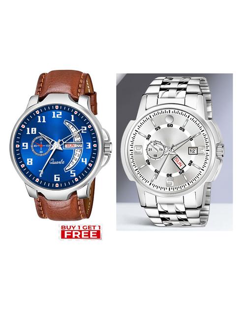 day n date men stylish analog latest watches combo - set of 2 - brn-4-and-slv-10 - 21694414 - Very Small Image - 1