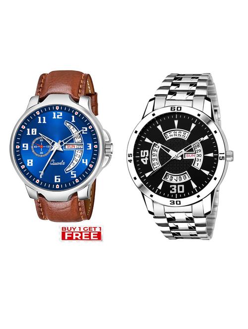 day n date men stylish analog latest watches combo - set of 2 - brn-4-and-slv-21 - 21694415 - Very Small Image - 1