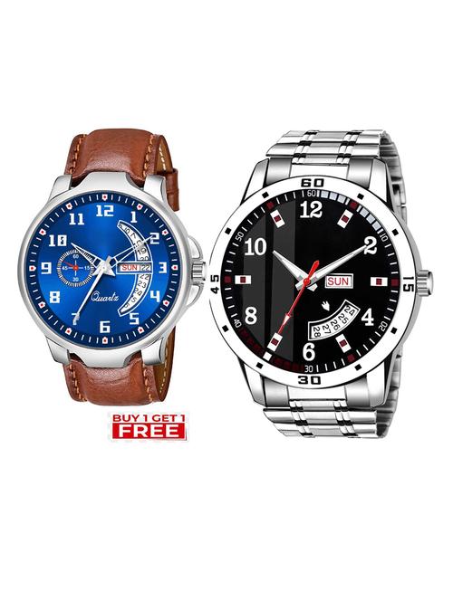 day n date men stylish analog latest watches combo - set of 2 - brn-4-and-slv-7 - 21694416 - Very Small Image - 1