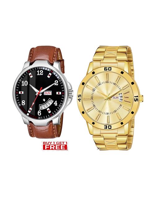 day n date men stylish analog latest watches combo - set of 2 - brn-7-and-gold-20 - 21694431 - Very Small Image - 1