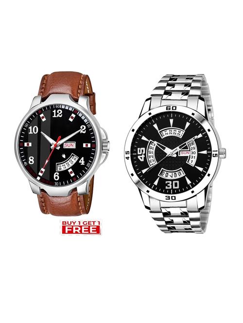 day n date men stylish analog latest watches combo - set of 2 - brn-7-and-slv-21 - 21694435 - Very Small Image - 1
