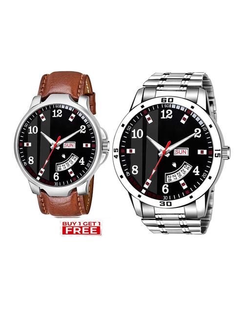 day n date men stylish analog latest watches combo - set of 2 - brn-7-and-slv-7 - 21694436 - Very Small Image - 1