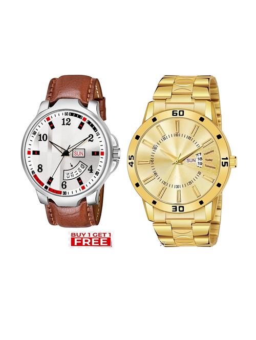 day n date men stylish analog latest watches combo - set of 2 - brn-8-and-gold-20 - 21694441 - Very Small Image - 1