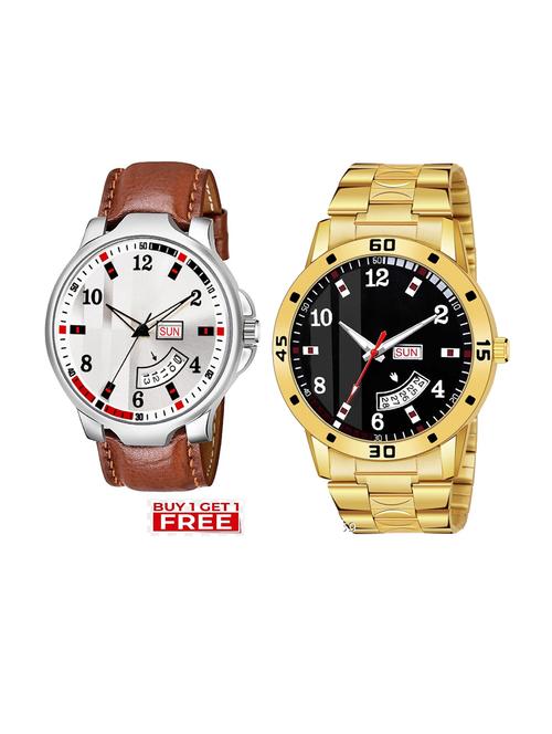 day n date men stylish analog latest watches combo - set of 2 - brn-8-and-gold-7 - 21694442 - Very Small Image - 1