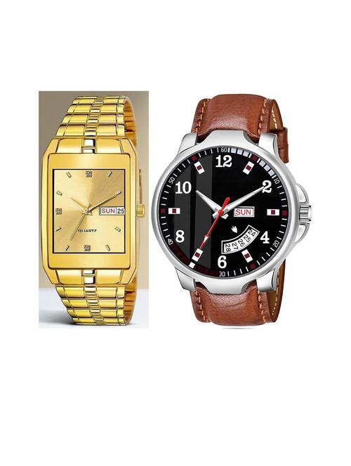 day n date men stylish analog latest watches combo - set of 2 - golden-golden-brn-7 - 21694550 - Very Small Image - 1
