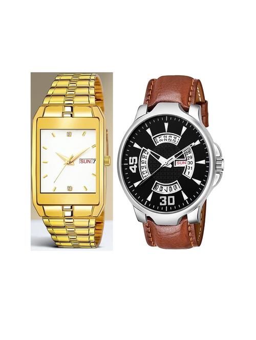 day n date men stylish analog latest watches combo - set of 2 - golden-white-brn-21 - 21694559 - Very Small Image - 1