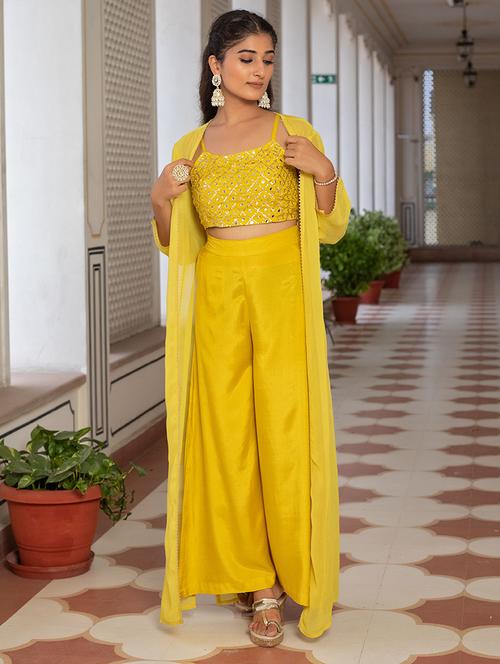 women mustard mirror work fusion set - 21694680 - Very Small Image - 1