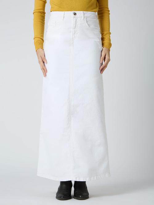 globus women white stretchable solid mid-rise back slit straight maxi denim skirt - 21694770 - Very Small Image - 1