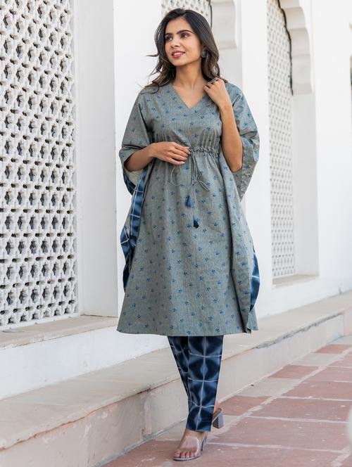 women grey stripes printed v neck kaftan set - 21694790 - Very Small Image - 1