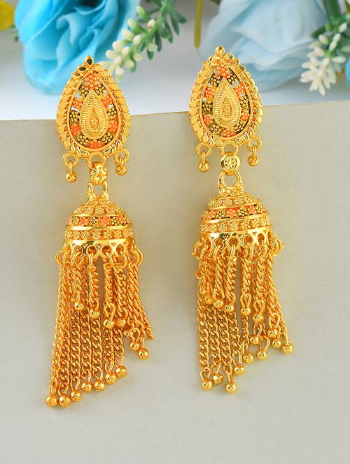 brass gold small tassled jhumki - 21695214 - Very Small Image - 1