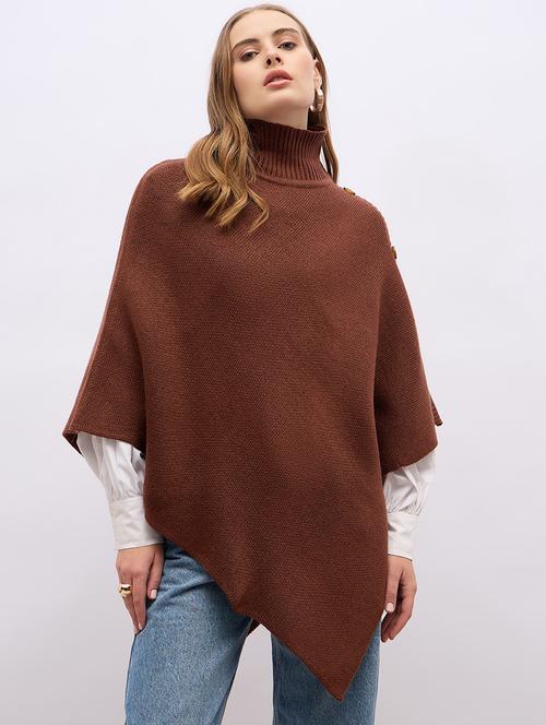 women brown turtle neck self design ponchos - 21695371 - Very Small Image - 1