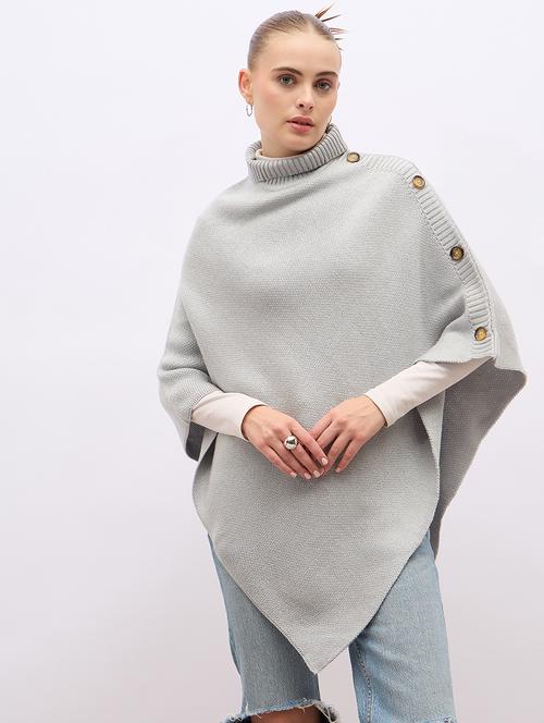 women grey turtle neck self design ponchos - 21695372 - Very Small Image - 1