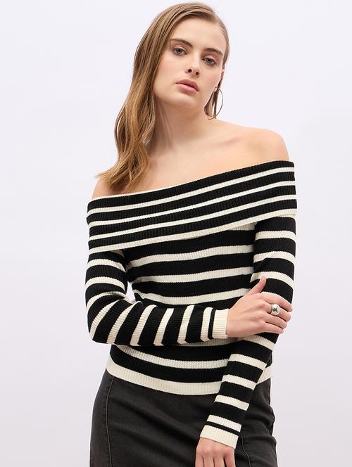 women striped long sleeve off shoulder pullover - 21695396 - Very Small Image - 1