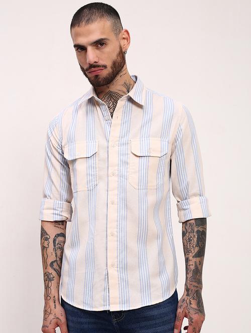 men striped long sleeves double pockets casual shirt - 21696380 - Very Small Image - 1