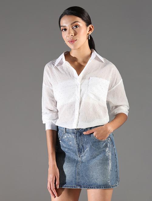 women white stripes long sleeve regular shirt - 21696525 - Very Small Image - 1
