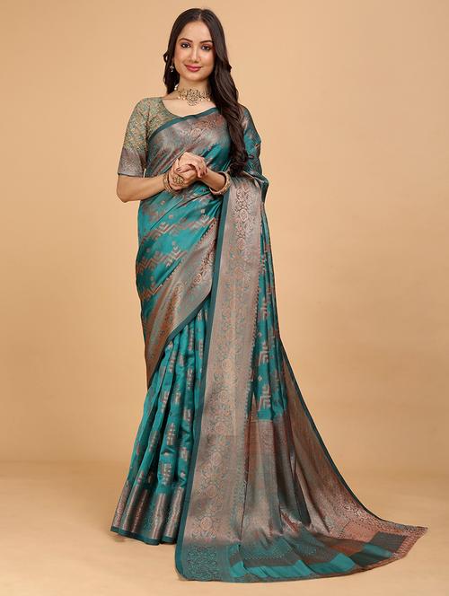 women teal printed zari bordered saree - 21696576 - Very Small Image - 1