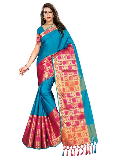 women solid zari bordered saree - 21696632 - Very Small Image - 1