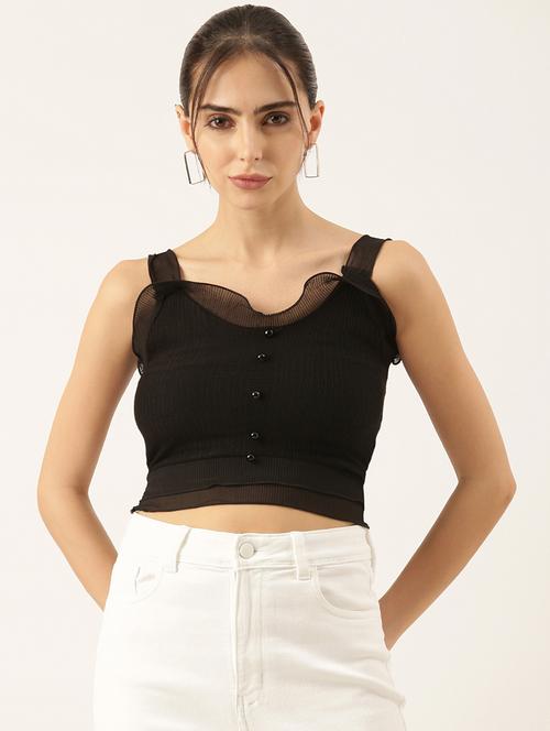 women solid shoulder strap neck crop top - 21697017 - Very Small Image - 1