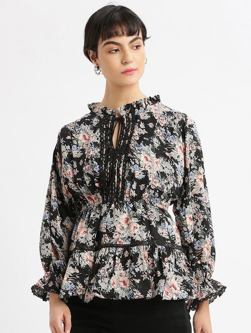 women floral printed tie-up neck peplum top - 21697033 - Very Small Image - 1