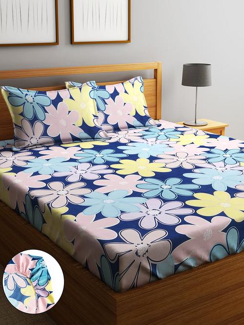 home sizzler 210tc pastel garden charm elastic fitted double bedsheet (72x78 inch) with 2 king size pillow covers - 21697037 - Very Small Image - 1