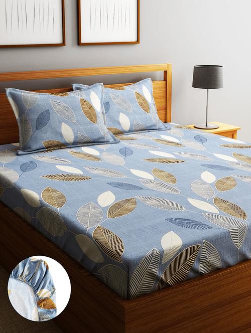 home sizzler 210tc leafy luxe elastic fitted double bedsheet (72x78 inch) with 2 king size pillow covers - 21697041 - Very Small Image - 1