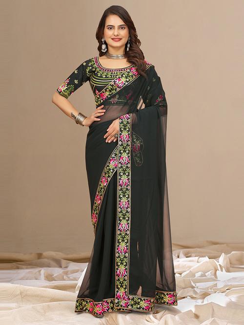 women solid embroidered lace work saree - 21697305 - Very Small Image - 1