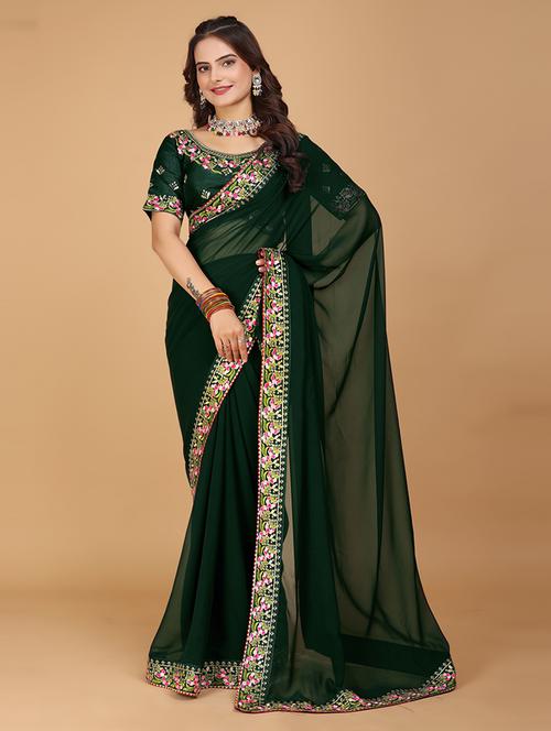 women solid embroidered lace work saree - 21697313 - Very Small Image - 1