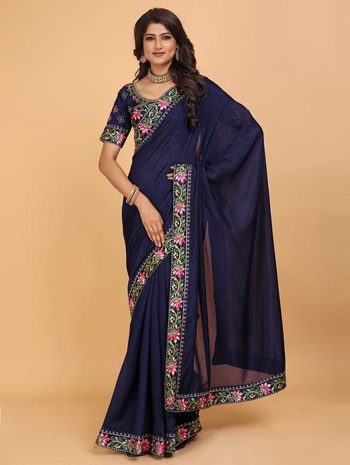 women solid embroidered lace work saree - 21697318 - Very Small Image - 1