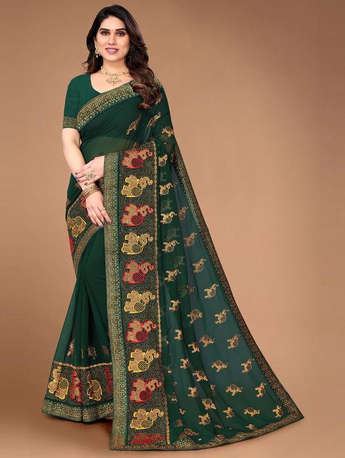 women green embroidered saree - 21697327 - Very Small Image - 1