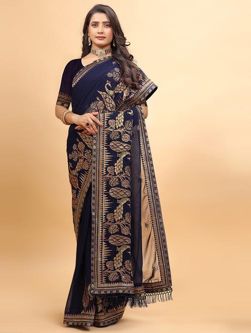 women navy blue embroidered saree - 21697338 - Very Small Image - 1