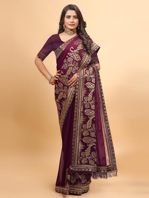 women solid with work embroidered saree - 21697342 - Very Small Image - 1