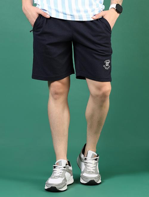 men's navy textured cotton blend shorts - 21697577 - Very Small Image - 1