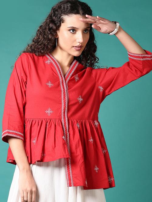 women red embroidered v neck asymmetric top - 21697628 - Very Small Image - 1