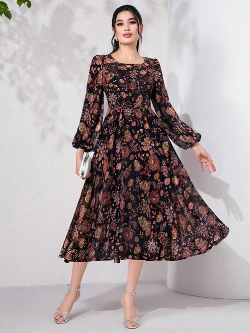 women floral printed long sleeve fit & flare dress - 21698771 - Very Small Image - 1