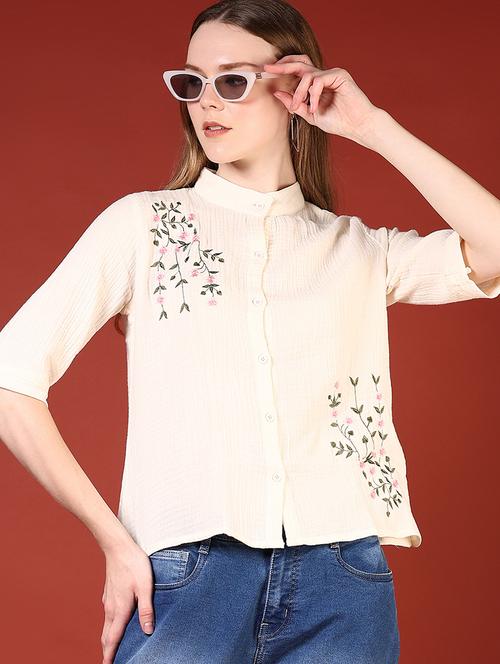 women beige elbow sleeve embroidered top - 21698890 - Very Small Image - 1