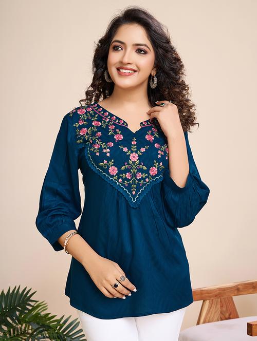 women embroidered three quarter sleeves a-line top - 21699005 - Very Small Image - 1