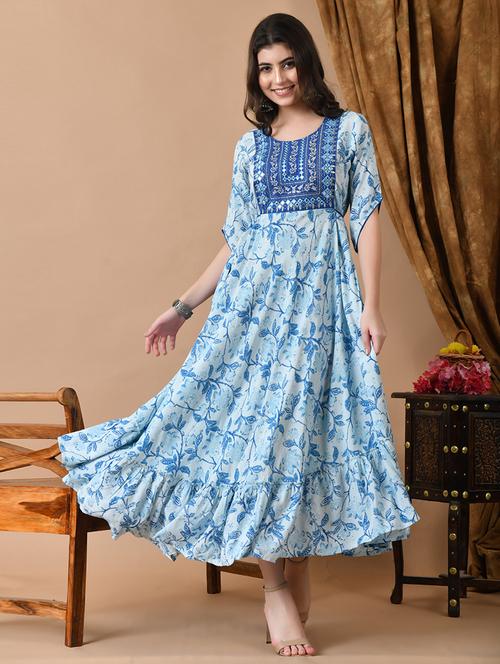 women blue embroidered tiered ethnic dress - 21699022 - Very Small Image - 1