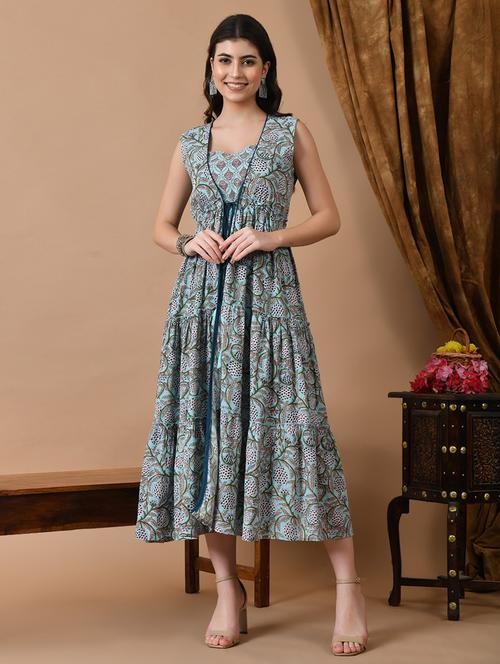 women light blue sleeveless tiered ethnic dress - 21699030 - Very Small Image - 1