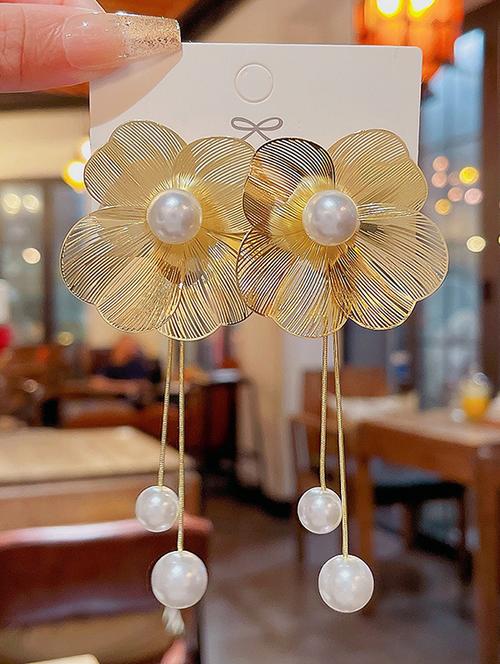 long fringe pearl hollow big flower long dangle bohemian earrings  - 21700069 - Very Small Image - 1