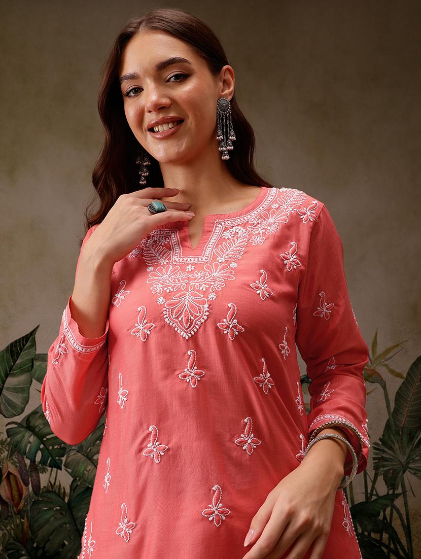 women notch neck chikankari work straight kurti - 21700074 - Zoom Image - 5