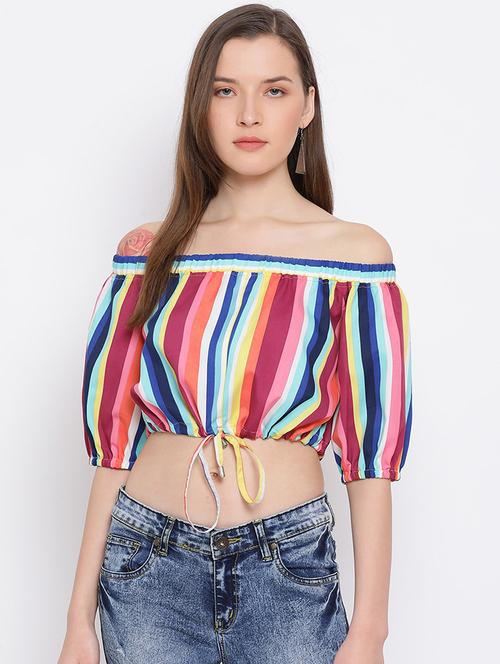 women striped off shoulder crop top - 21700096 - Very Small Image - 1