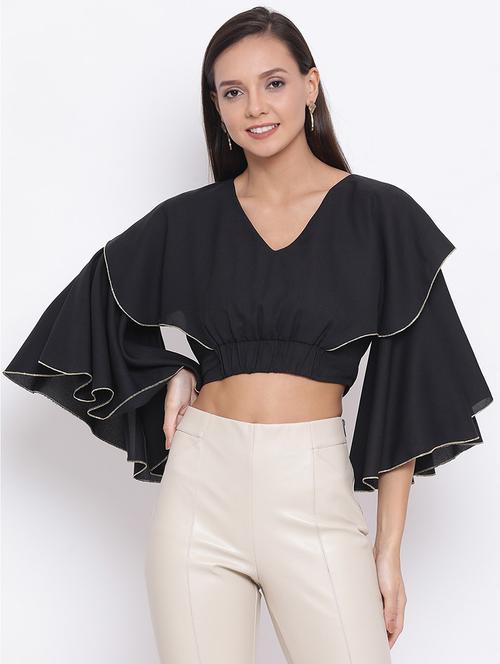 women black solid ruffle sleeve crop top - 21700097 - Very Small Image - 1